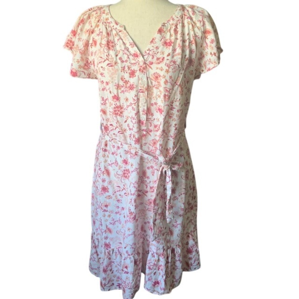 Lucky Brand Floral Dress S Pink Tie Waist Button Front Boho Cottagecore